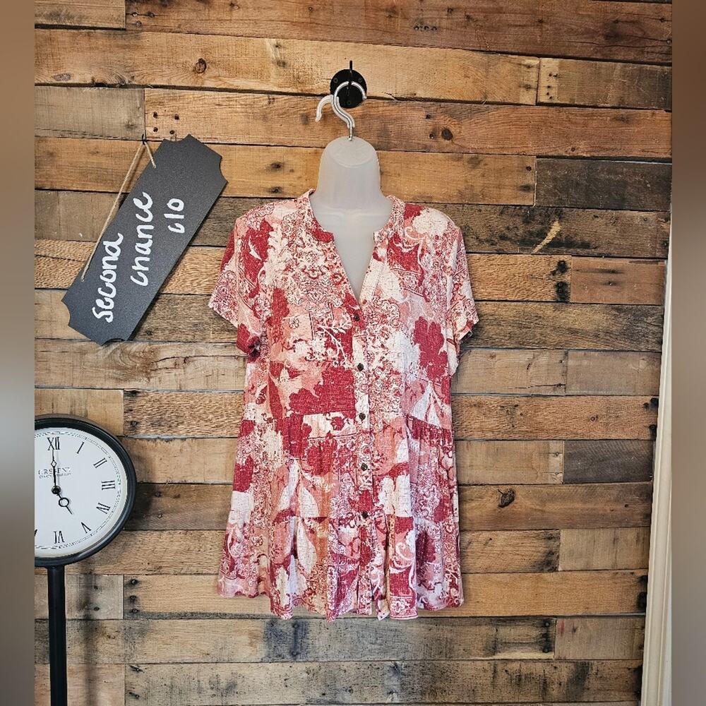 SALE-Wonderly Women's Cream & Pink Floral Babydoll Tiered Tunic Top L